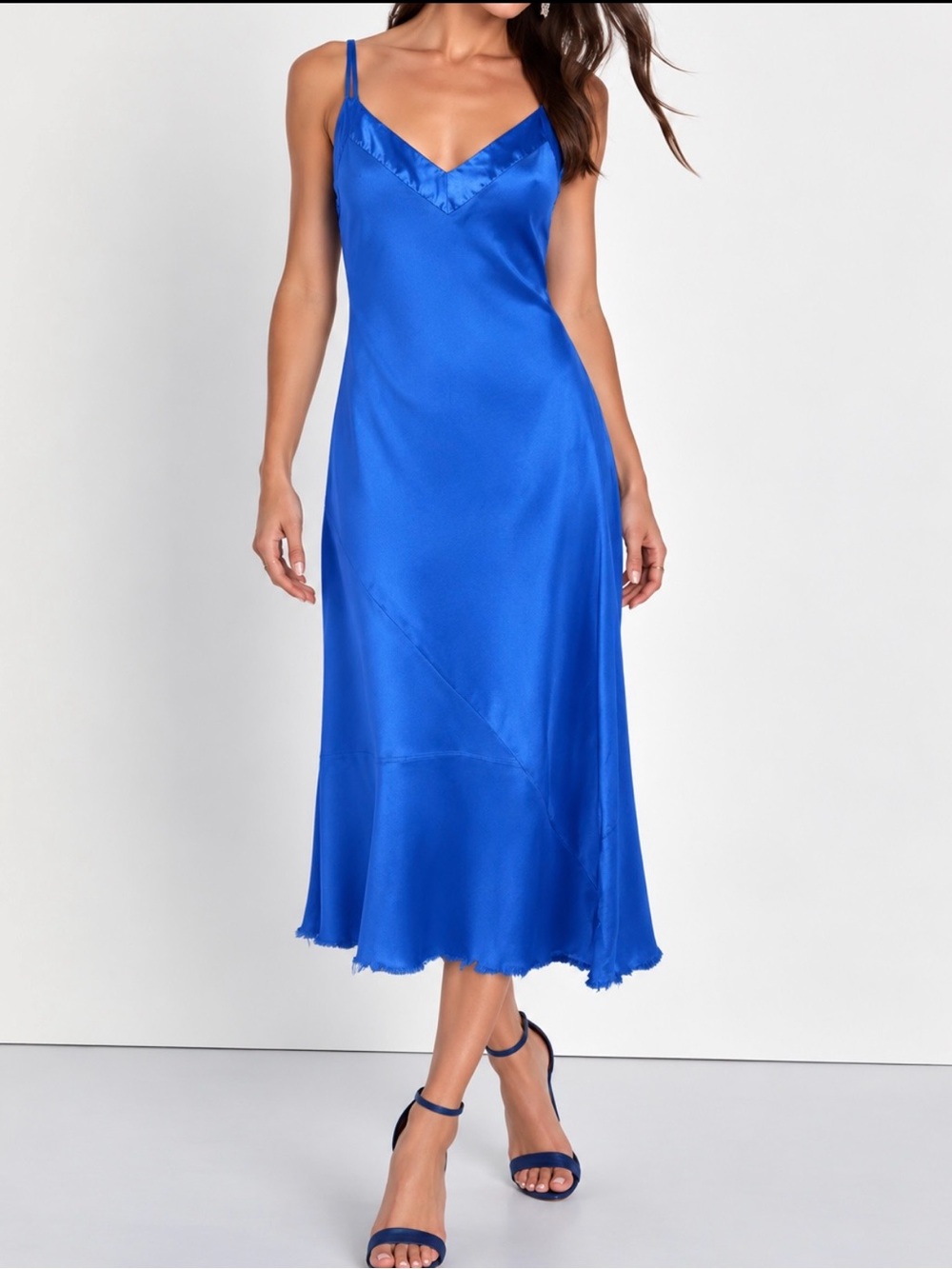Gary Graham 100% Silk Midi Slip Dress cobalt blue frayed raw hem Rare.. Stunning
